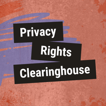Privacy Rights Clearinghouse on black backgrounds against purple scribble and a light red distressed wall